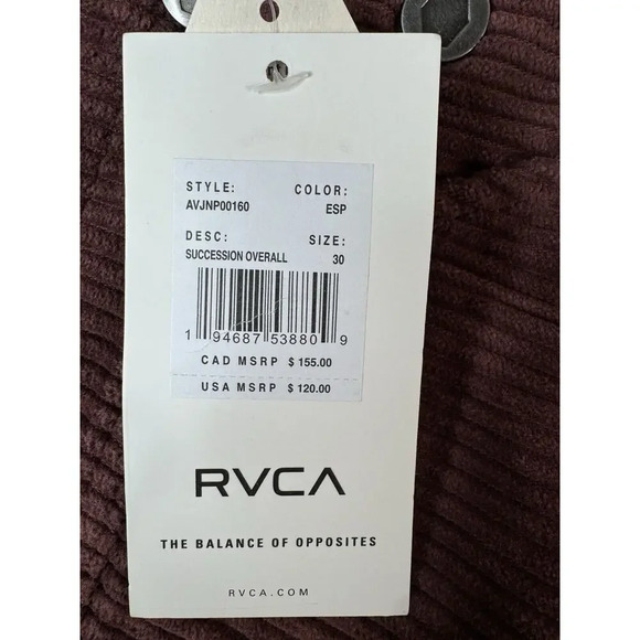 RVCA NWT Womens Corduroy Dungarees Overalls Wine Sz 30 Workwear Outdoor GORPCORE - Picture 8 of 16